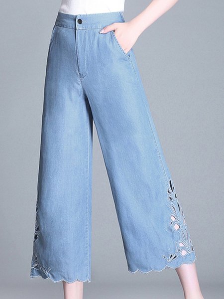 Blue Zipper Tencel Jeans Wide Leg Pants Blue/3XL