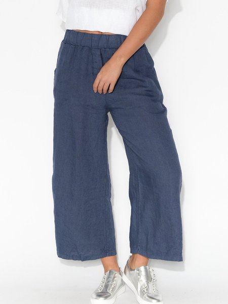 Casual Linen Cotton-blend Wide Leg Pants Navy Blue/XL