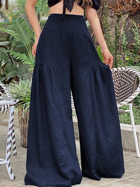 Casual Solid Color Elastic Waist Pleated Plus Size Wide Leg Pants Navy Blue/L