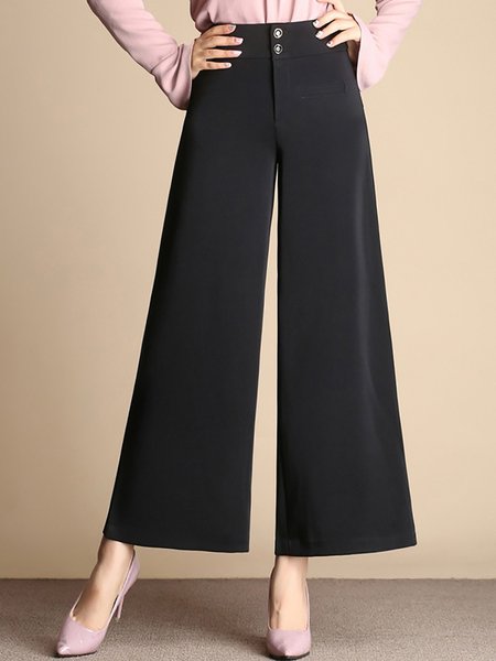 Casual Solid Pockets Zipper Buttoned Printed Wide Leg Pants Black/M