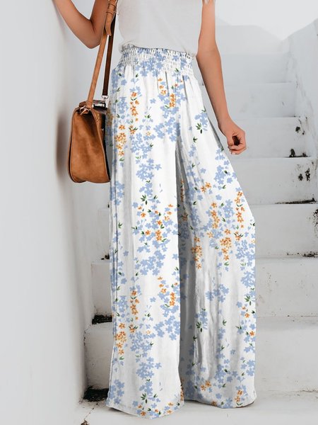 Holiday Casual Floral Printed Loose Wide Leg Pants White/XL