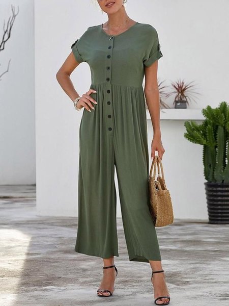 Leisure holiday style buttoned wide leg pants Short Sleeve V Neck One-Pieces Green/XL
