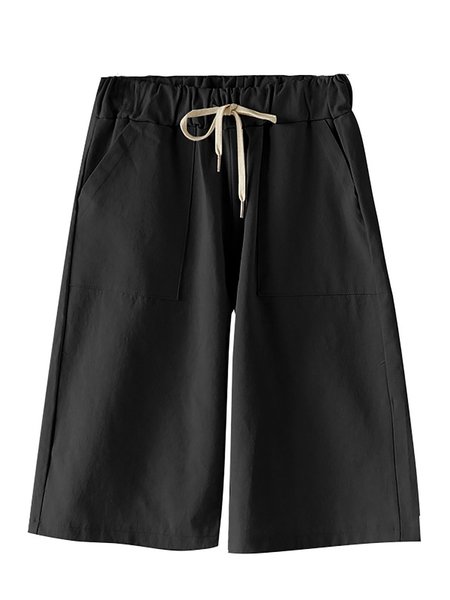 Plus Size Straight-leg Wide-leg Solid Cotton-blend Casual Shorts Black/L