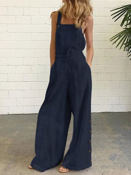 Solid Color Sleeveless Vintage Casual Wide-Leg Jumpsuit with Side Pockets Navy Blue/M