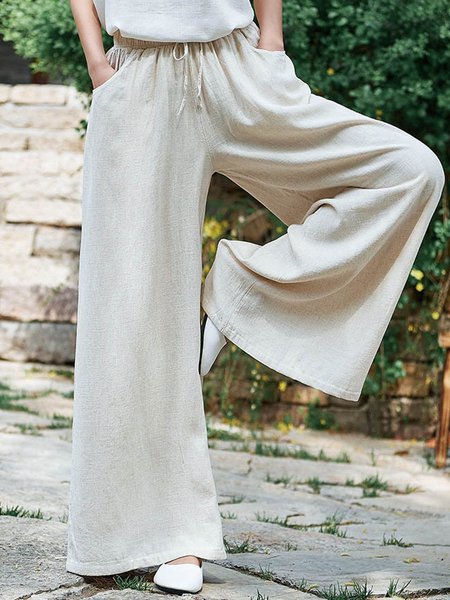 Solid Loose Cotton-Blend Linen Elastic Waist Wide Leg Pants White/S