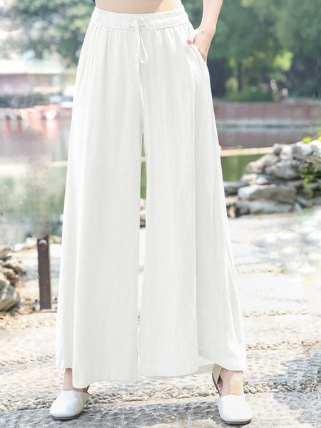 Summer Solid Pockets Paneled Casual Wide Leg Linen Pants Off White/One-size