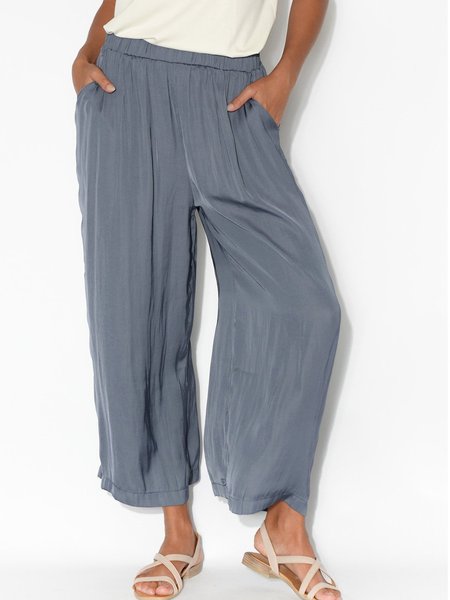 Wide Leg Solid Linen Cotton-Blend Pants Gray/M