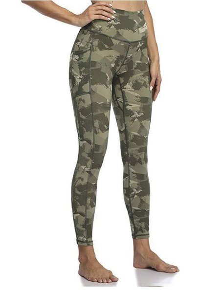 Women's High Waisted Yoga Pants Leggings with Pockets Camouflage Green/L