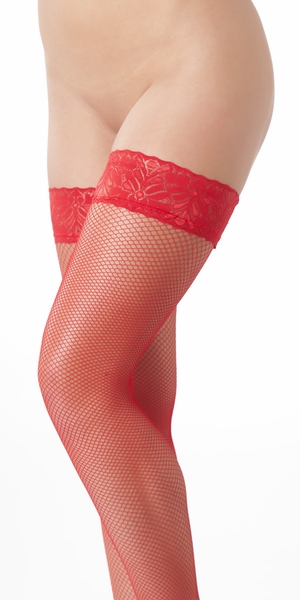 Red Fishnet Lace Thigh High Stockings